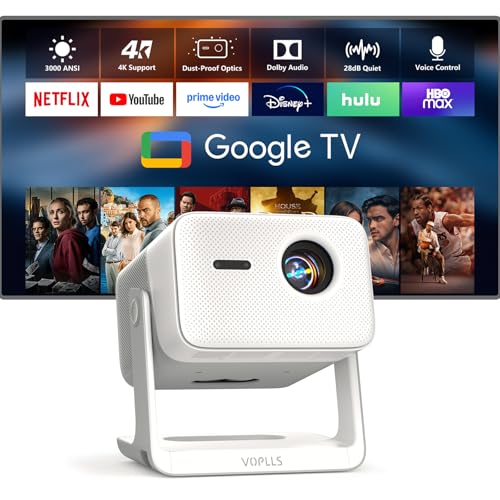 【3000 ANSI Official Licensed Google TV】Smart 4K Projector with WiFi and Bluetooth, VOPLLS Outdoor Projectors with Dolby/Auto Focus, Portable Movie Phone Wireless Gaming Wifi Proyector for Bedroom/Home