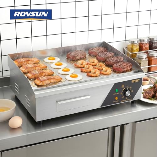 Bonnlo 22 Inch 1600W Commercial Electric Griddle with Stainless Steel Countertop, Half Flat Griddle, 122-572℉ Adjustable Temp Control of Flat Top Grill for Steak and Egg, Home & Restaurant, Plug