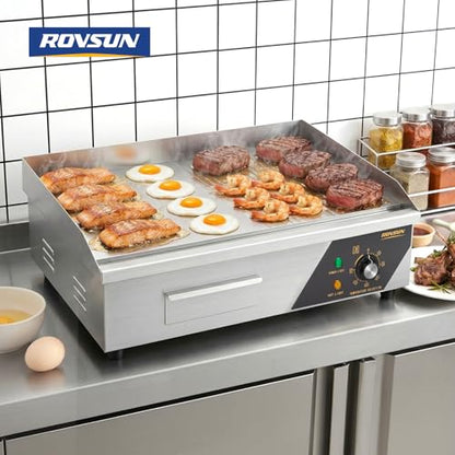 Bonnlo 22 Inch 1600W Commercial Electric Griddle with Stainless Steel Countertop, Half Flat Griddle, 122-572℉ Adjustable Temp Control of Flat Top Grill for Steak and Egg, Home & Restaurant, Plug