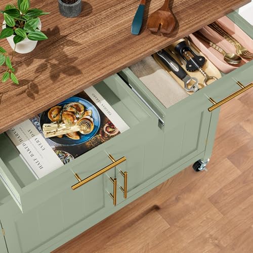Best Choice Products 36in Large Rolling Kitchen Island Cart, 2-Door Cabinet, 2 Drawers, Pull-Out Shelf, Power Outlet, Hooks, & Swivel Lockable Wheels - Pistachio Green