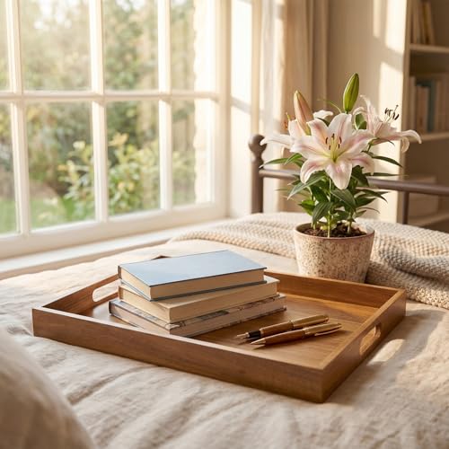Serving Tray with Handles, Acacia Wood Serving Platters, Set of 2 Rustic Decorative Storage Tray for Coffee Table, Party, Ottoman, Kitchen, Bedroom, Bathroom, Ideal Housewarming Gift