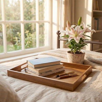 Serving Tray with Handles, Acacia Wood Serving Platters, Set of 2 Rustic Decorative Storage Tray for Coffee Table, Party, Ottoman, Kitchen, Bedroom, Bathroom, Ideal Housewarming Gift