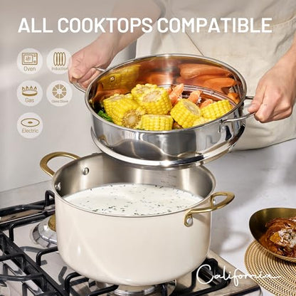 CAROTE 8QT Full Clad Tri Ply Stainless Steel Stock Pot with Lid, Kitchen Soup Pot, All Stoves Compatible, Oven & Dishwasher Safe, Stay Cool Handle, White, Mothers Day Gifts