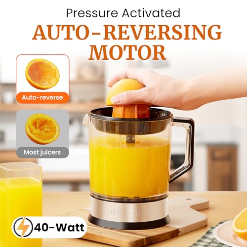 Elite Gourmet ETS047 BPA-Free 40-Watt Electric Citrus Juicer with 2 Cones, Compact, Large Volume, Pulp Control, Oranges, Lemons, Limes, Grapefruits with Easy Pour Spout, 1.2L, Black/Stainless Steel