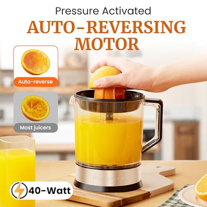 Elite Gourmet ETS047 BPA-Free 40-Watt Electric Citrus Juicer with 2 Cones, Compact, Large Volume, Pulp Control, Oranges, Lemons, Limes, Grapefruits with Easy Pour Spout, 1.2L, Black/Stainless Steel