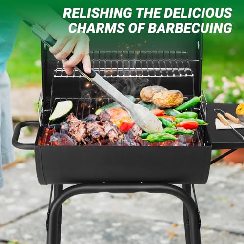 VINGLI Barrel Charcoal Grill with Side Table, BBQ Grill Outdoor Smoker Grill with Wheels for Party Garden Patio and Backyard Cooking 33.9"D x 20.5"W x 40.6"H