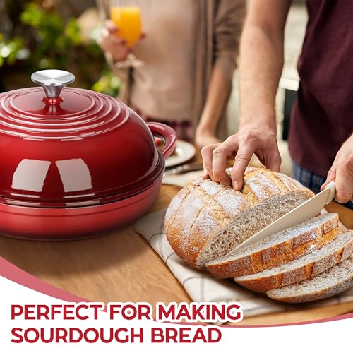 E-far Dutch Oven for Sourdough Bread Baking, 6 Qt Round Enameled Cast Iron Dutch Oven for Homemade Artisan Bread, Dome Lid & Shallow Base, Matte Black Interior & Durable, Oven-Safe to 500℉, Red