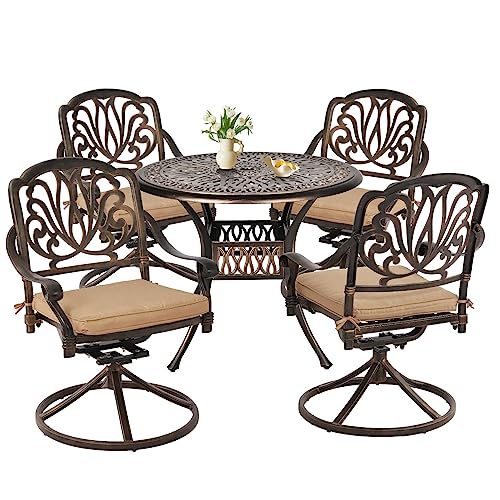 Grepatio 5 Piece Outdoor Dining Set Cast Aluminum Patio Dining Set Table and Chairs Outside Furniture 4 Swivel Chairs with Cushion and 1 Umbrella Hole Round Dining Table for Lawn Garden Patio (Khaki)