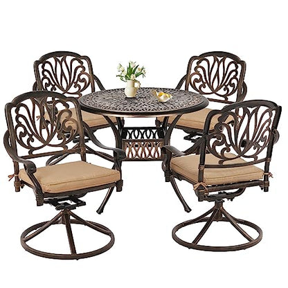Grepatio 5 Piece Outdoor Dining Set Cast Aluminum Patio Dining Set Table and Chairs Outside Furniture 4 Swivel Chairs with Cushion and 1 Umbrella Hole Round Dining Table for Lawn Garden Patio (Khaki)