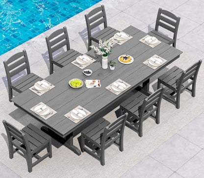 SERWALL 9Pcs 84" HDPE Outdoor Dining Set for 8 with Armless Chairs,Gray