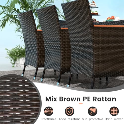 Tangkula 11 Pieces Patio Dining Set with 15ft Double-Sided LED Patio Umbrella (Base Included), Outdoor Rattan Furniture Set with 8 Stackable Chairs, Acacia Wood Dining Table and Umbrella (Gray)