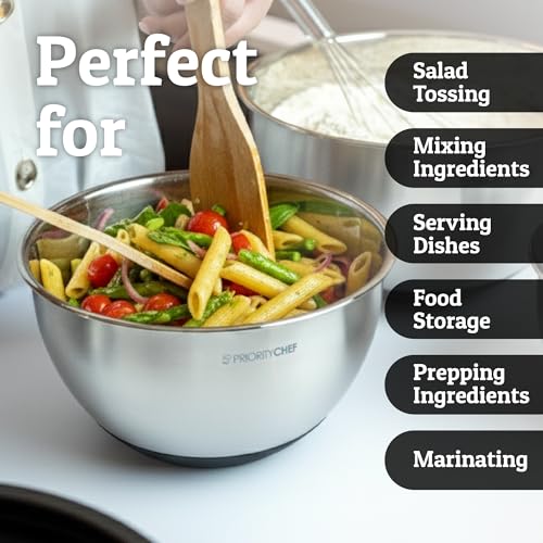Priority Chef Stainless Steel Mixing Bowls with Lids Set, Metal Nesting Bowls with Airtight Lids, Graters, Non-Slip Base & Measurement Marks, Includes Utensil Set for Prep, Baking & Storage, Black