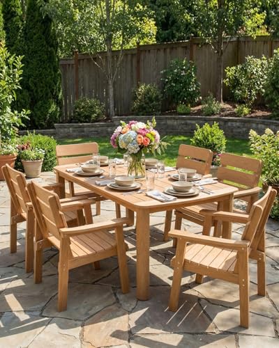 Kibaso 7-Piece Outdoor Dining Set, All-Weather HIPS Patio Table & Chairs for 6, Outdoor Furniture with Umbrella Hole, Ideal for Garden, Poolside, Backyard, Deck, Teak