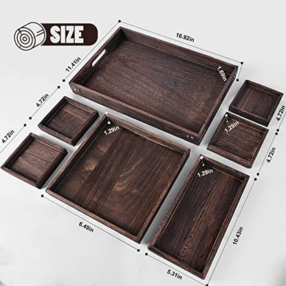 Wood Serving Tray with Handles, Set of 7 Rectangular Wooden Nesting Multipurpose Trays, Decorative Serving Trays Platter for Breakfast in Bed, Lunch, Dinner, Patio, Ottoman, Coffee Table, Party