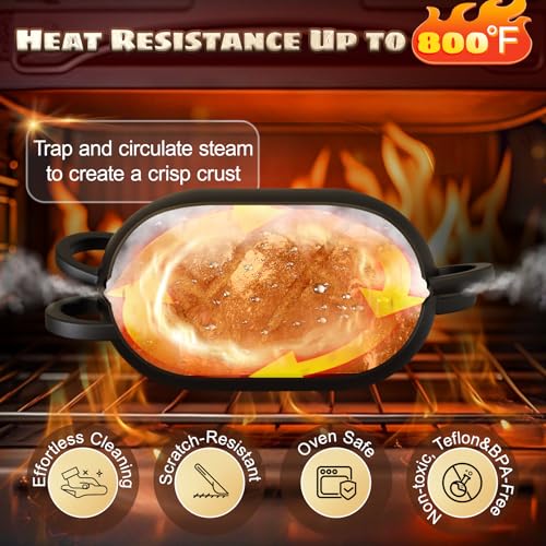 Enameled Cast Iron Oval Bread Oven with Non-Stick Silicone Liner, 2QT, Black, Mini Oval Homemade Sourdough Dutch Oven with Lid, Artisan Bread Loaf Pan for Homemade Bread Five-Years Free Replacement