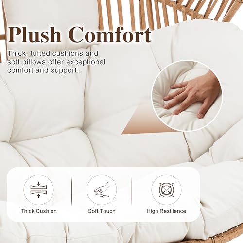 JAMFLY Double Egg Chair Wicker Outdoor Chairs, 2 Person Oversized Patio Loveseat Lounge Chair with Cushion, Indoor Living Room Bedroom Outside Patio Backyard Balcony Leisure Chair, Creamy White