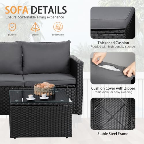 Shintenchi 4 Pieces Patio Furniture Sets, Outdoor Sofa Patio Sectional Sets All Weather, 2-in-1 Wicker Rattan Seating Sofa Couch with Cushions & Coffee Table for Yard, Garden, Porch, Poolside (Gray)