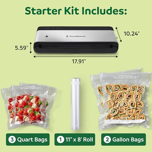 FoodSaver PowerVac Compact Vacuum Sealing Machine Stainless Steel & Black Vertical Storage VS0150 | Preserves freshness reduces bag waste for both dry and wet food