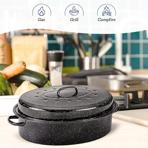 Alpine Cuisine Enamel Oval Roaster | Carbon Steel Oval Roasting Pan 18x14-Inch | Non-Stick Marble Coating with Lid | Oven & Dishwasher Safe | Even Heat Distribution | Ideal for Large & Small Servings