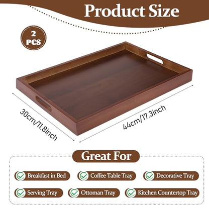 HANLANXUE 2 Pcs 17 Inch Acacia Wood Serving Trays with Handles, Large Wooden Tray Platter for Ottoman, Breakfast in Bed, Coffee Table, Decorative Rectangular Tray for Living Room Bedroom Kitchen