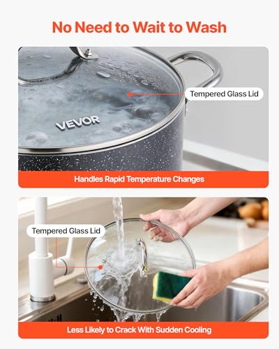 VEVOR Aluminum Stock Pot, 12-Quart Nonstick Ceramic Coated Pot with Glass Lid, PFOA-Free, PFAS-Free, Compatible with Gas Stoves, Induction Cooktops, Electric Stoves, for Soups, Stews, and Pasta