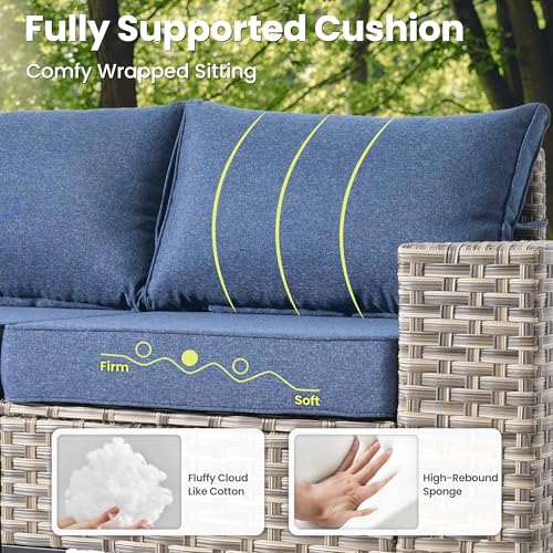 ovios 5-Piece Patio Furniture Set with L-Shaped Sofa Chaise, Outdoor Modular Sectional Couch Coffee Table, Modern Wicker Rattan Conversation Set, Denim Blue
