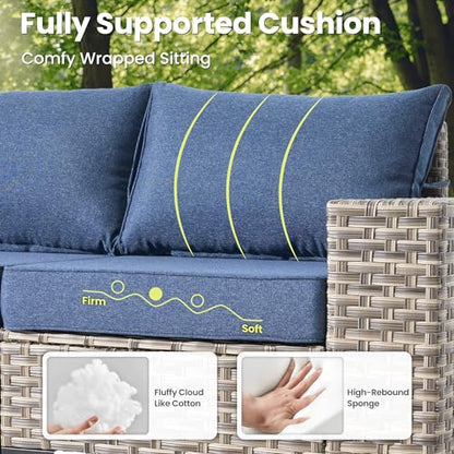 ovios 5-Piece Patio Furniture Set with L-Shaped Sofa Chaise, Outdoor Modular Sectional Couch Coffee Table, Modern Wicker Rattan Conversation Set, Denim Blue