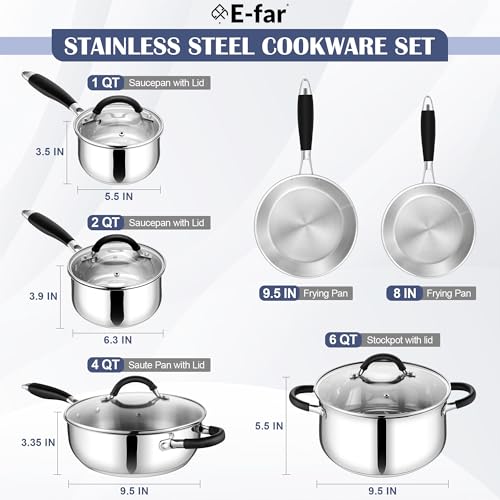 E-far 10-Piece Stainless Steel Cookware Set - Induction Tri-Ply Base Pots and Pans, Non-Toxic Kitchen Cooking Set w/Stay-Cool Handle, Frying Pans, Saucepans, Stockpot with lid, Oven & Dishwasher Safe