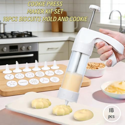 Cookie Press Gun Kit: 12 Discs & 6 Nozzles for Easy Baking. Make Spritz Cookies, Biscuits & Cheese Press. Ideal for Sweet & Cake Decorations. Includes 6 Piping Tips.