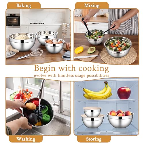 LIANYU Mixing Bowls with Airtight Lids Sets, 3 Packs Stainless Steel Metal Mixing Bowls, Ideal for Prepping, Cooking, Storage, Serving, Freezer & Dishwasher Safe, Khaki