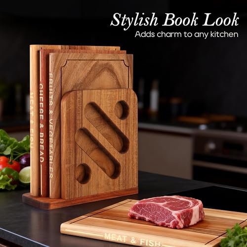 Hoforife Wooden Cutting Boards Set That Look Like Books, 3-Piece Acacia, Sapele & Peruvian Walnut Book Shaped Cutting Board with Stand Decorative & Functional Cutting Boards for Kitchen（Natural Wood）