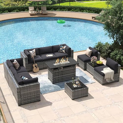 Aoxun 11 Piece Patio Furniture Set with 44" Fire Pit Table Wicker Rattan