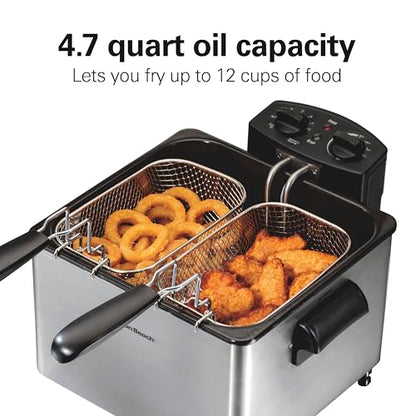 Hamilton Beach Electric Deep Fryer with 2 Baskets and Lid, 4.5 Liters / 19 Cups Oil Capacity, Temperature Control, View Window, Professional Style, 1800 Watts, Stainless Steel (35036)