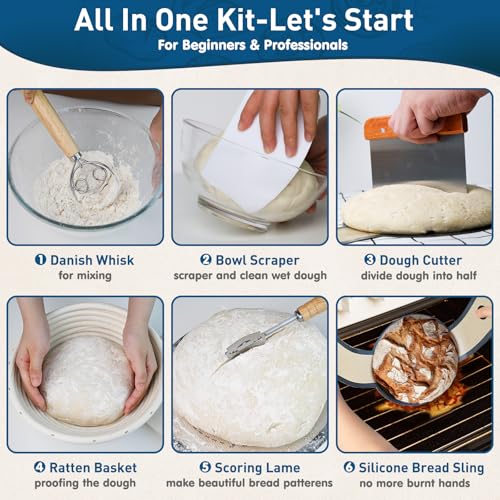 Cast Iron Bread Oven for Baking, 6QT Multi-Functional Dutch Oven Pot with Lid, Include Proofing Basket, Silicone Sling & Dough Whisk, Round Bread Pot for Sourdough Bread Baking, Cooking, Frying