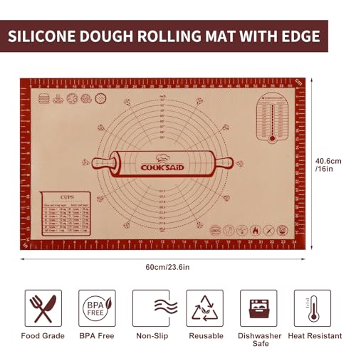 Cook's Aid Silicone Pastry Mat Extra Large with Measurements 26''x16'' for Reusable,Non-slip Silicone Baking Mat, Counter, Dough Rolling, Oven Liner,Fondant/Pie Crust, Red