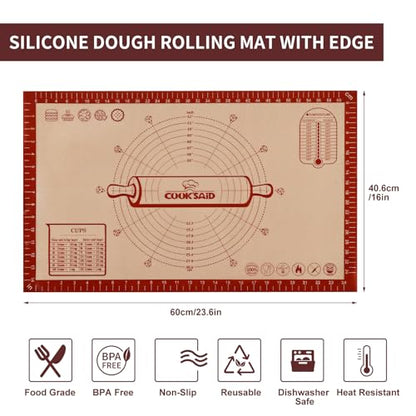Cook's Aid Silicone Pastry Mat Extra Large with Measurements 26''x16'' for Reusable,Non-slip Silicone Baking Mat, Counter, Dough Rolling, Oven Liner,Fondant/Pie Crust, Red