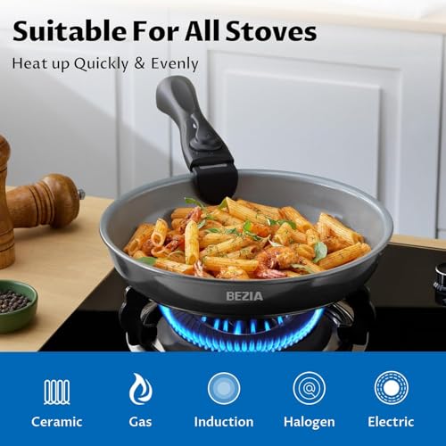 BEZIA Induction Cookware with Healthy Ceramic Coating, Camping Pots and Pans Set Nonstick 10pcs with Detachable Handles, Induction RV Kitchen Set with Removable Handles, Oven Safe