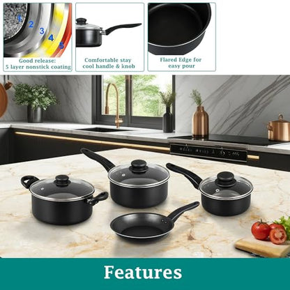 TnLoji 7 Piece Non-Stick Cookware Set Aluminium, Pots and Pans Cookware Set, Black