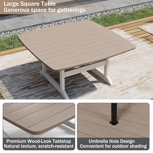 Polyhouz Outdoor Dining Set, HDPE 9-Piece Patio Table and Chairs Set, All-Weather Outdoor Dining Table Set for 8 with Umbrella Hole, Durable Patio Furniture Set with Chairs,White Brown