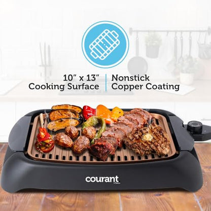 Courant smokeless indoor Electric grill, Copper Non-stick Coating Extra Large and Adjustable Temperature Control, Grill BBQ, Table Top Indoor Grill