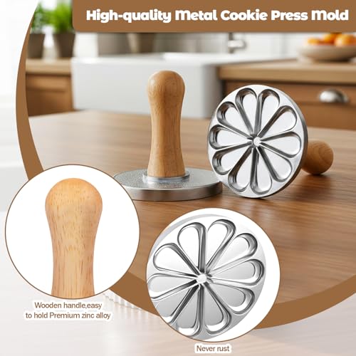 Cookie Stamps Set of 8, 3 Pcs Metal Cookie Press Mold with Wooden Handle, 5 Size Cookies Cutter Tool, Cookies Embossing Stamp Mold for DIY Baking, Cake, Christmas, Pastry, Easy to Use, Gift Package