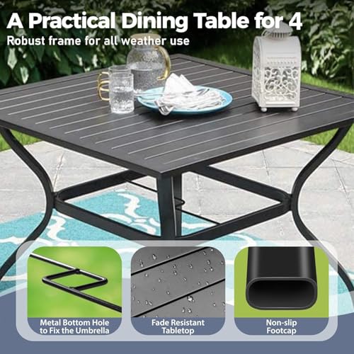 SUNSHINE VALLEY 5 Piece Patio Dining Set for 4, 37”x37” Square Table with Umbrella Hole and 4 Metal Blue Chairs, Outdoor Table and Chairs Set for Lawn Backyard and Deck