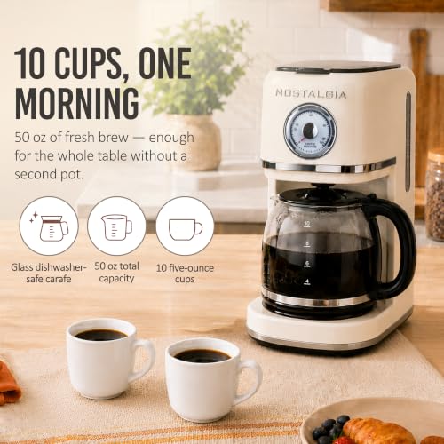 Nostalgia Classic Retro 10 Cup Coffee Maker - One-Touch Drip Brew, Reusable Filter - Anti-Drip, Auto Shutoff, & Time Display - Dishwasher Safe 50 oz Carafe - Cream