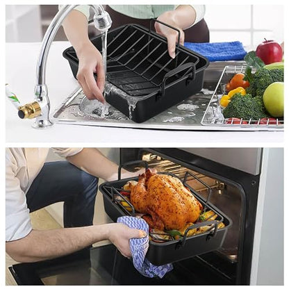 TeamFar Roasting Pan, 14” Nonstick Deep Lasagna Brownie Turkey Pan with V-Shaped Rack & Cooling Rack, with Stainless Steel Core & Nonstick Coating, Healthy & Heavy Duty, Easy to Clean, Set of 3