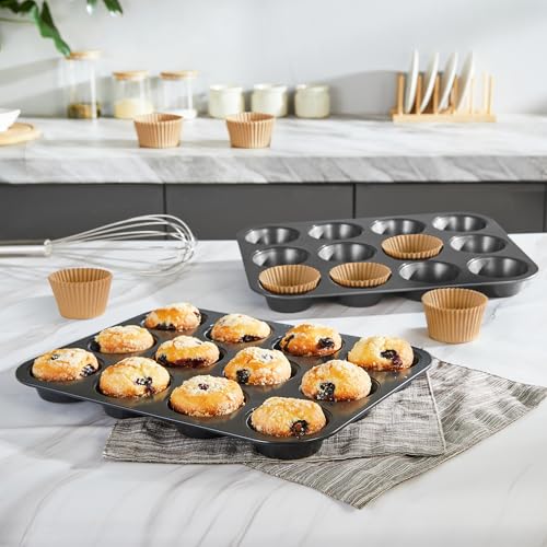 HONGBAKE Muffin Pans with 120 Natural Parchment Liners, Nonstick Cupcake Baking Tray for Oven, Premium Standard Size, 12 Cup, 2 Pack, Dark Grey