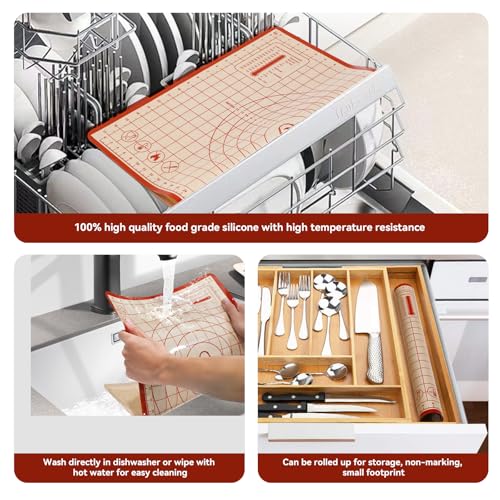 Silicone Baking Mat,28in×20in & 16in×12in Pastry Mat,Measuring Non-slip Dough mat Mats for Baking,Kneading Dough,Table Mats Red(2Pack)