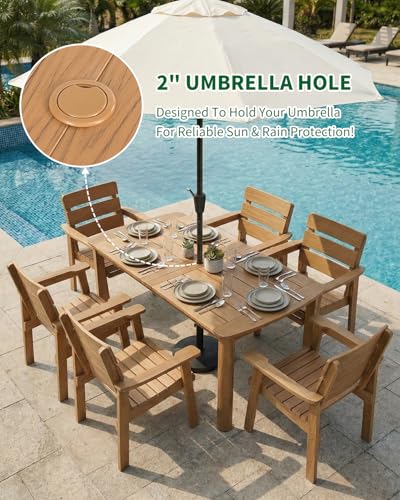 Kibaso 7-Piece Outdoor Dining Set, All-Weather HIPS Patio Table & Chairs for 6, Outdoor Furniture with Umbrella Hole, Ideal for Garden, Poolside, Backyard, Deck, Teak