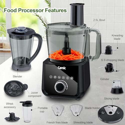 Camic Food Processor and Blender for Home Use, 600W, Blending, Grinding, Shredding, Slicing, Doughing, Meat and Vegetable Chopping, Ice Crushing, 6 Presets, Easy to Operate and Clean (Upgrade Version)