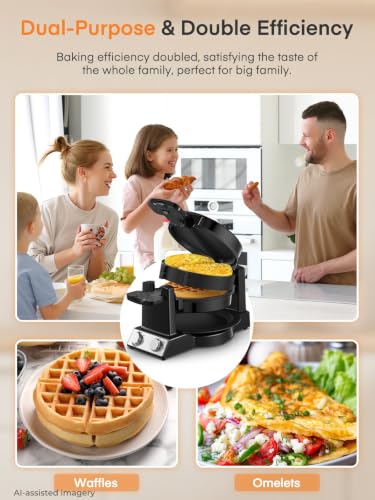 FOHERE 2-in-1 Omelette Maker&Waffle Maker, 1400W Omelet Maker 180° Flip, Adjustable Browning Control, Non-Removable & Nonstick Pans, Make Two Omelet and One Waffle at Once for Home (Dark Black)