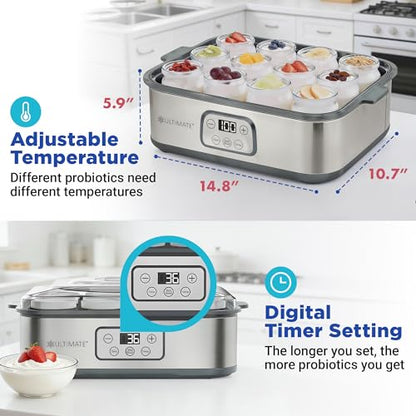 Ultimate Probiotic Yogurt Maker XL with 50% More Capacity, Adjustable Time & Temp Control, Make Trillions of Live Probiotics at Home to Support Gut Health, UNLIMITED LIFETIME WARRANTY (12-Jar Model)